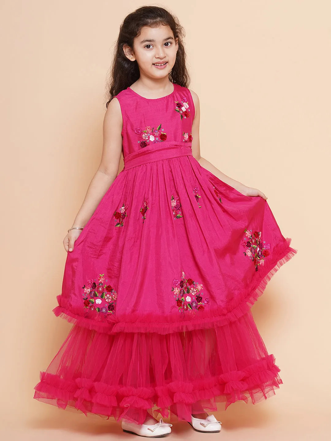 Jashvi  Girls Floral Embroidered Fit & Flare Maxi Dress