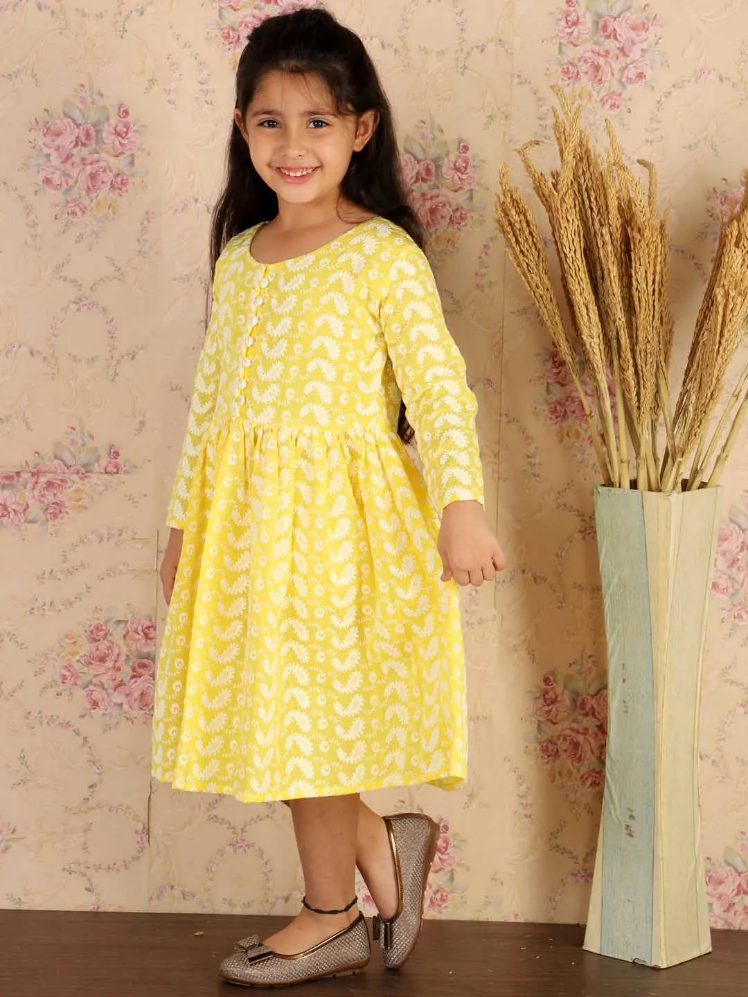 Jashvi Girl's Mustard Pure Cotton Chikankari Kurta