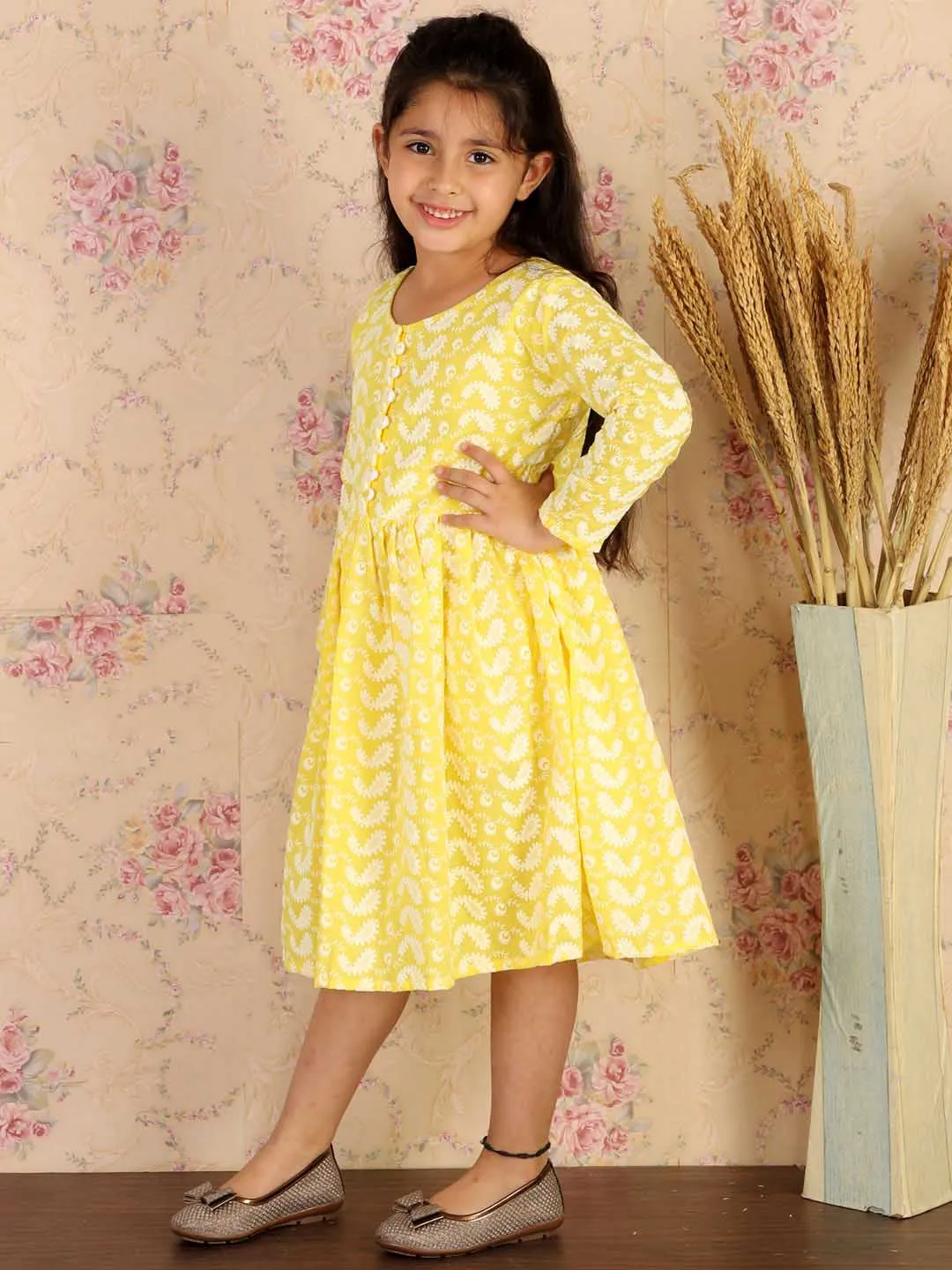 Jashvi Girl's Mustard Pure Cotton Chikankari Kurta