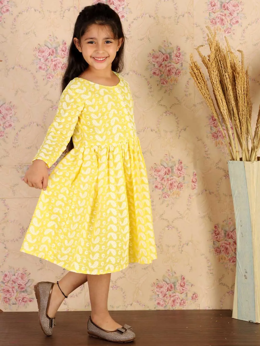 Jashvi Girl's Mustard Pure Cotton Chikankari Kurta