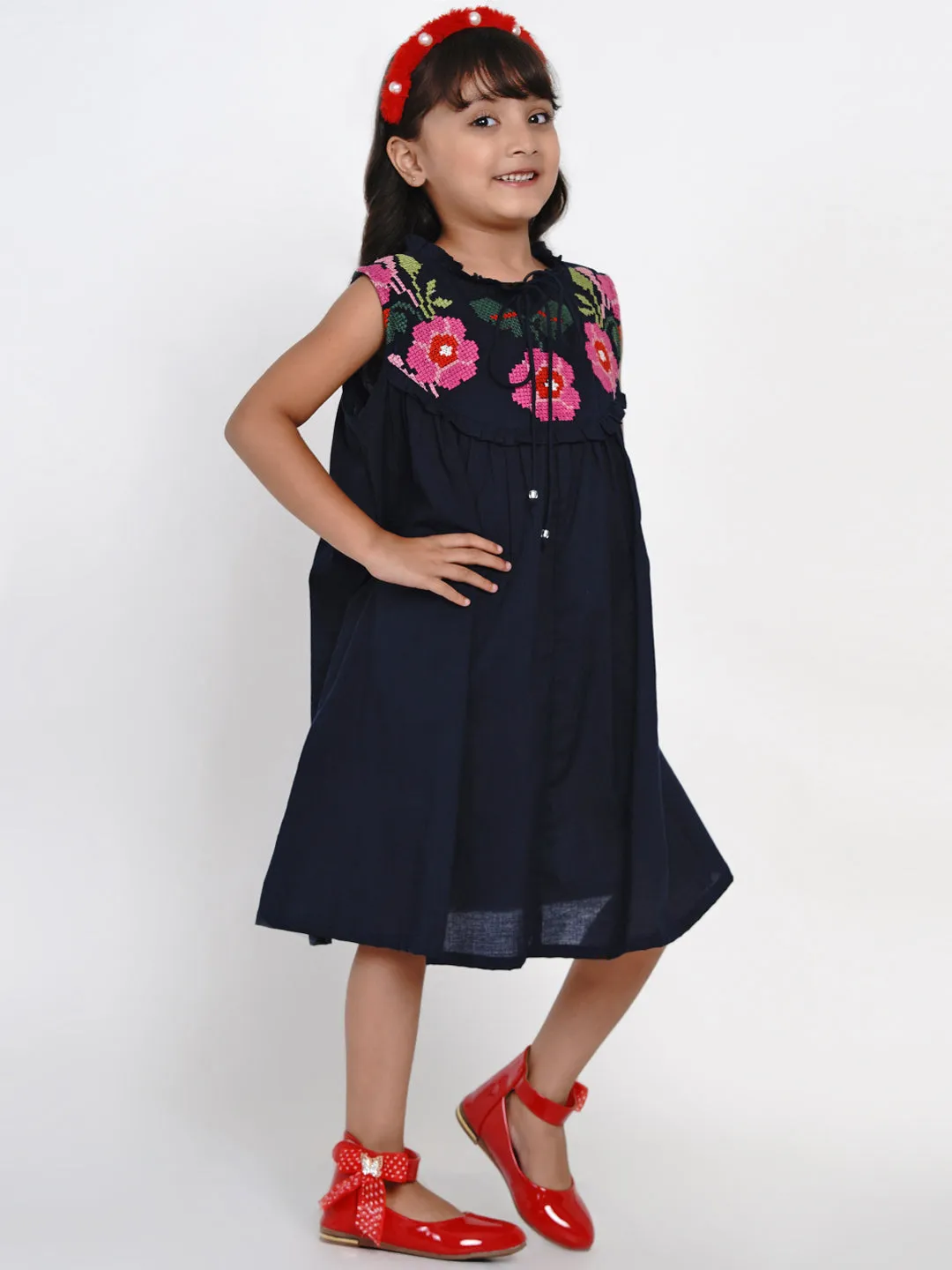 Jashvi Girls Navy Blue Solid Fit And Flare Dress