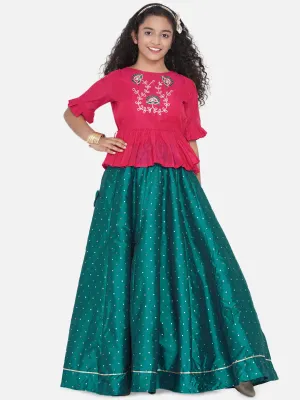 Jashvi Girls Pink & Green Embroidered Choli Ready To Wear Lehenga