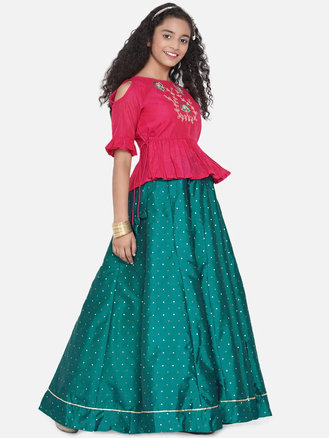 Jashvi Girls Pink & Green Embroidered Choli Ready To Wear Lehenga