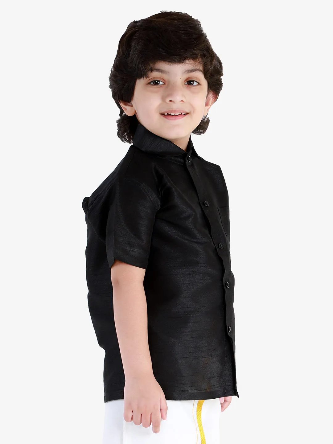Jashvi Men's & Boys Black Solid Silk Blend Half Sleeve Ethnic Shirt