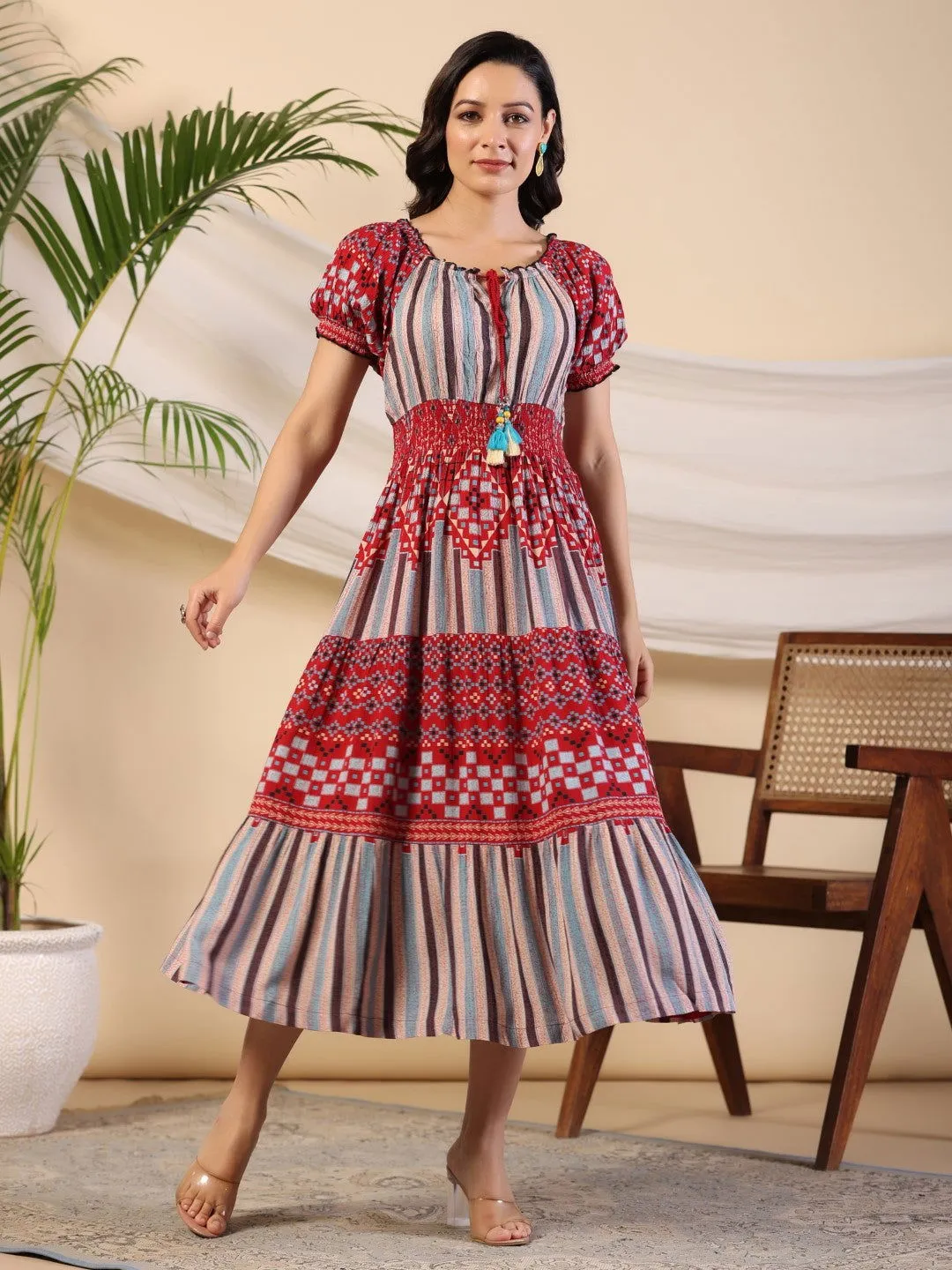 Jashvi  Multi-Color Abstract Printed Rayon Crepe Maxi Dress