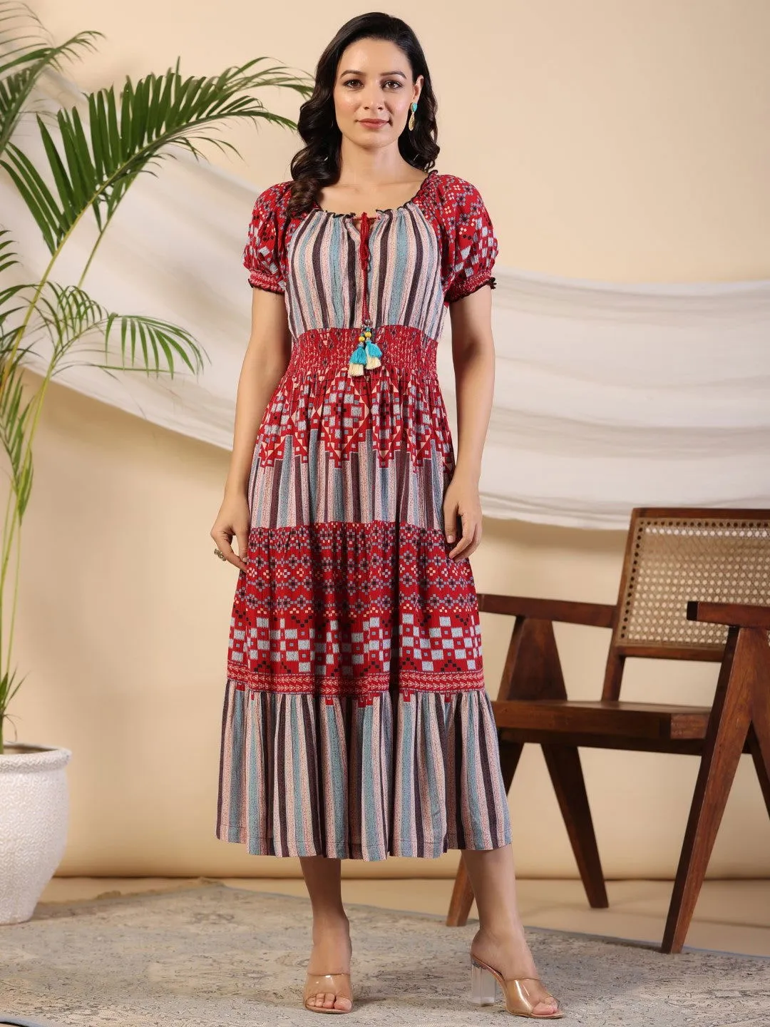 Jashvi  Multi-Color Abstract Printed Rayon Crepe Maxi Dress