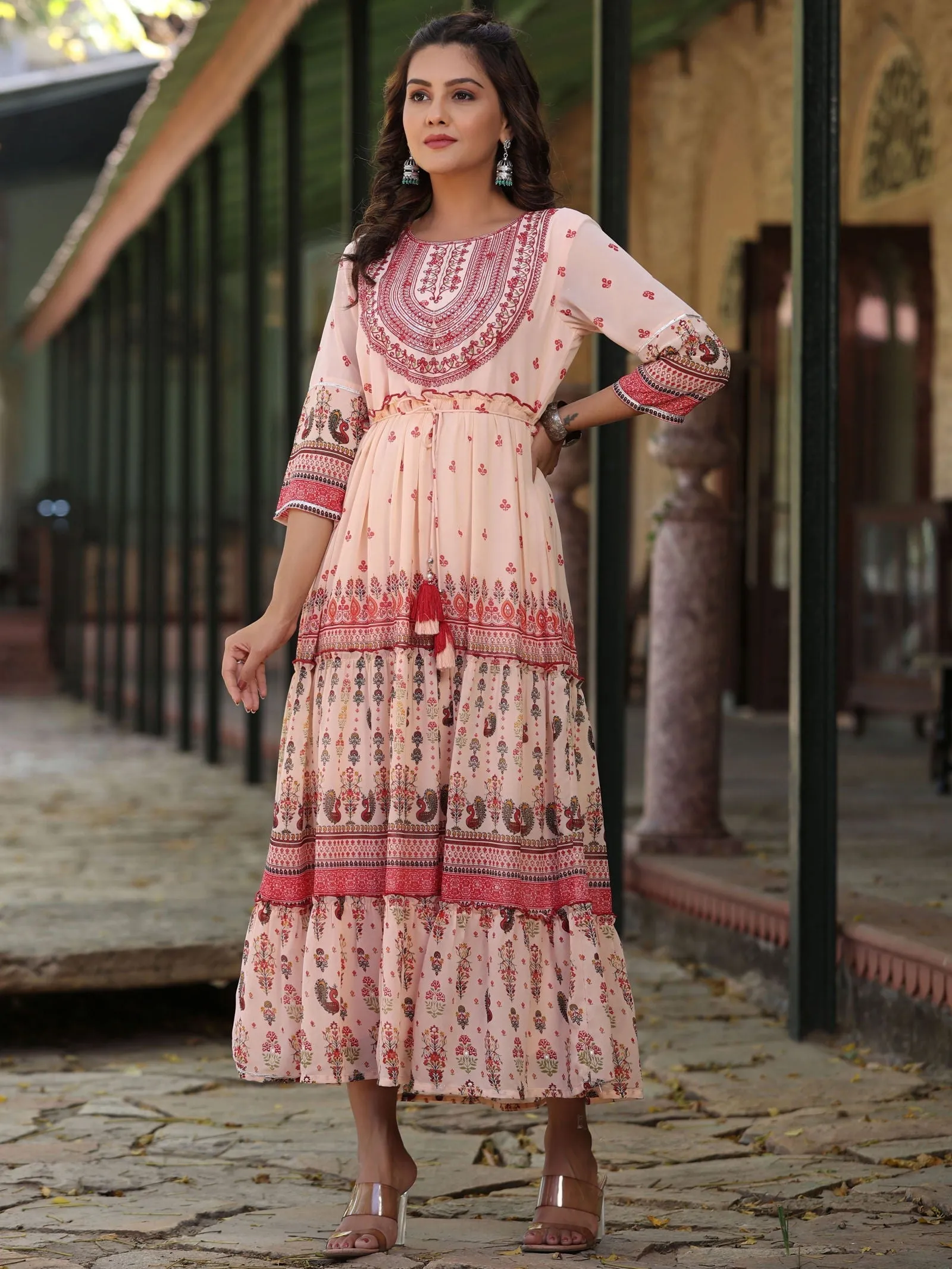 Jashvi  Peach Ethnic Motif Printed Georgette Tiered Maxi Dress With Thread Embroidery