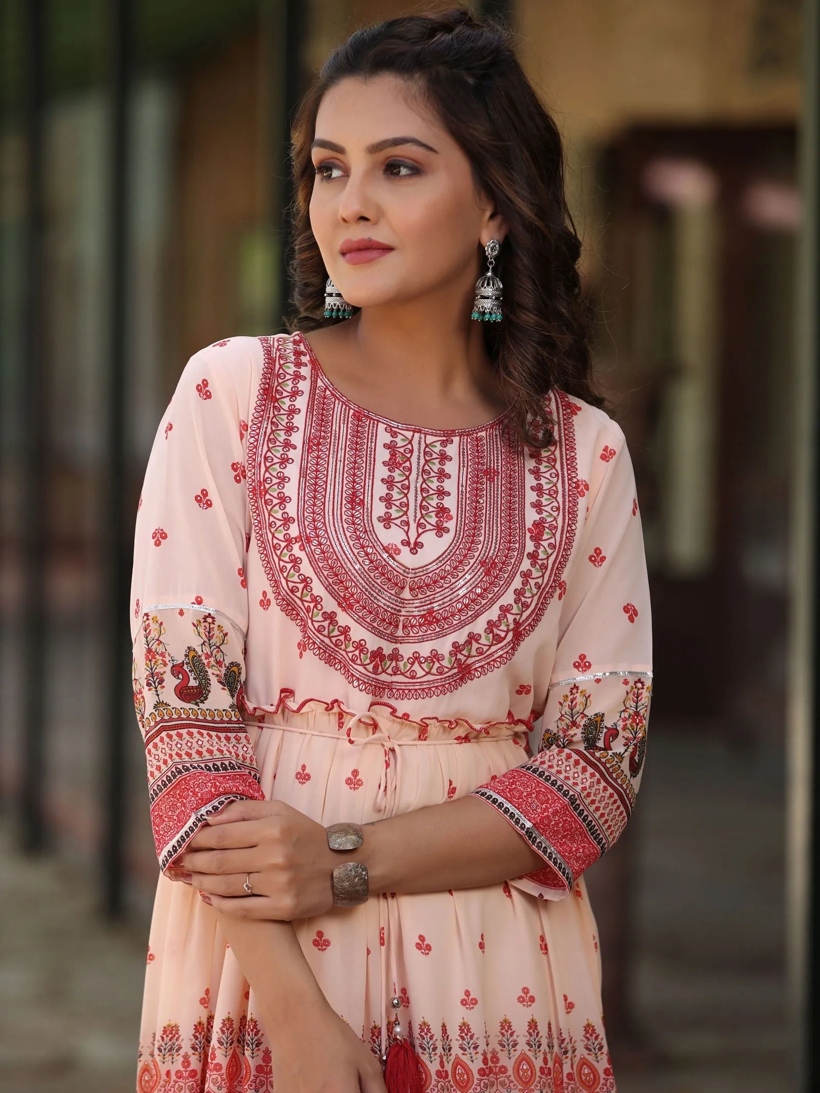 Jashvi  Peach Ethnic Motif Printed Georgette Tiered Maxi Dress With Thread Embroidery