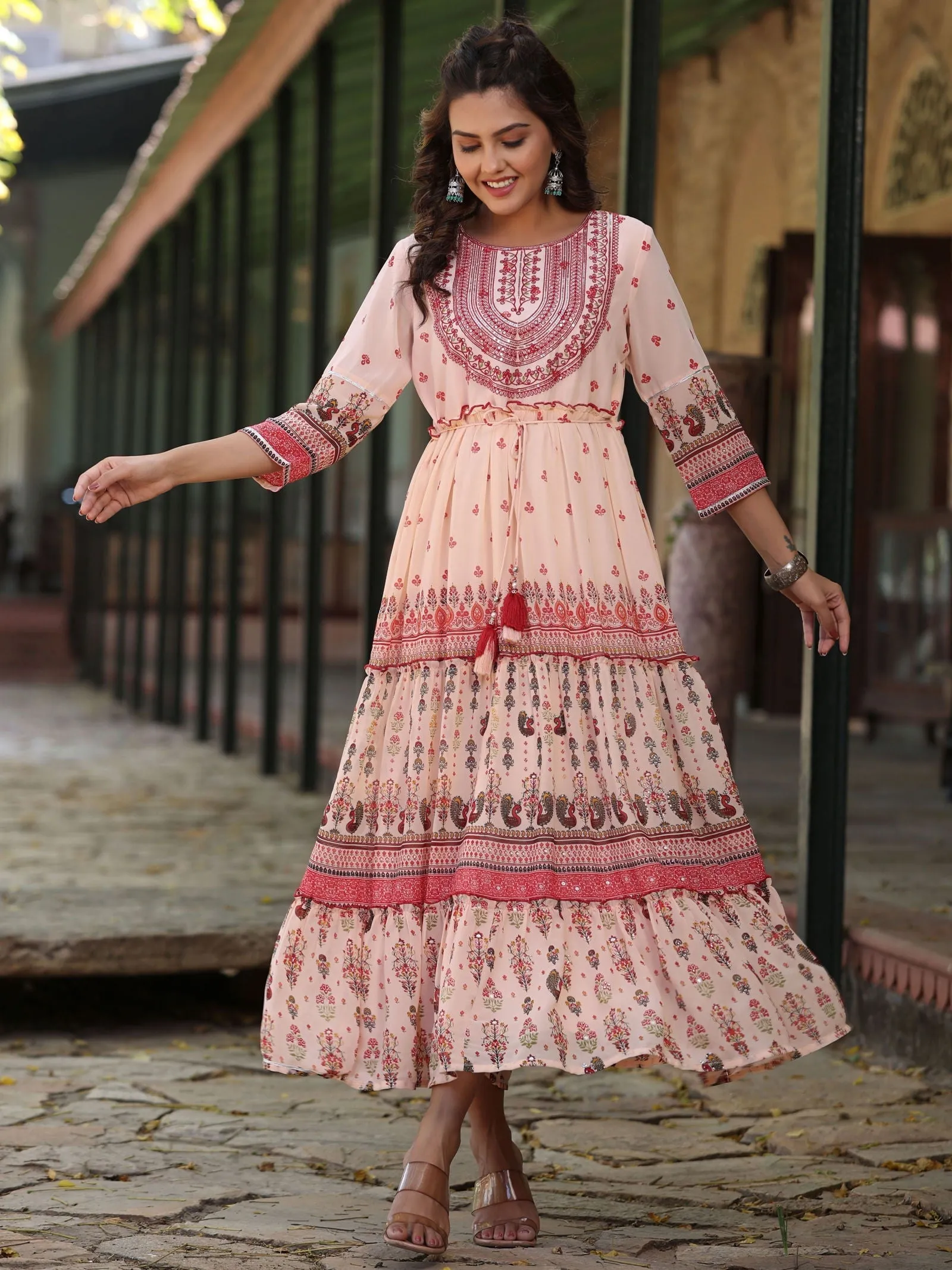 Jashvi  Peach Ethnic Motif Printed Georgette Tiered Maxi Dress With Thread Embroidery