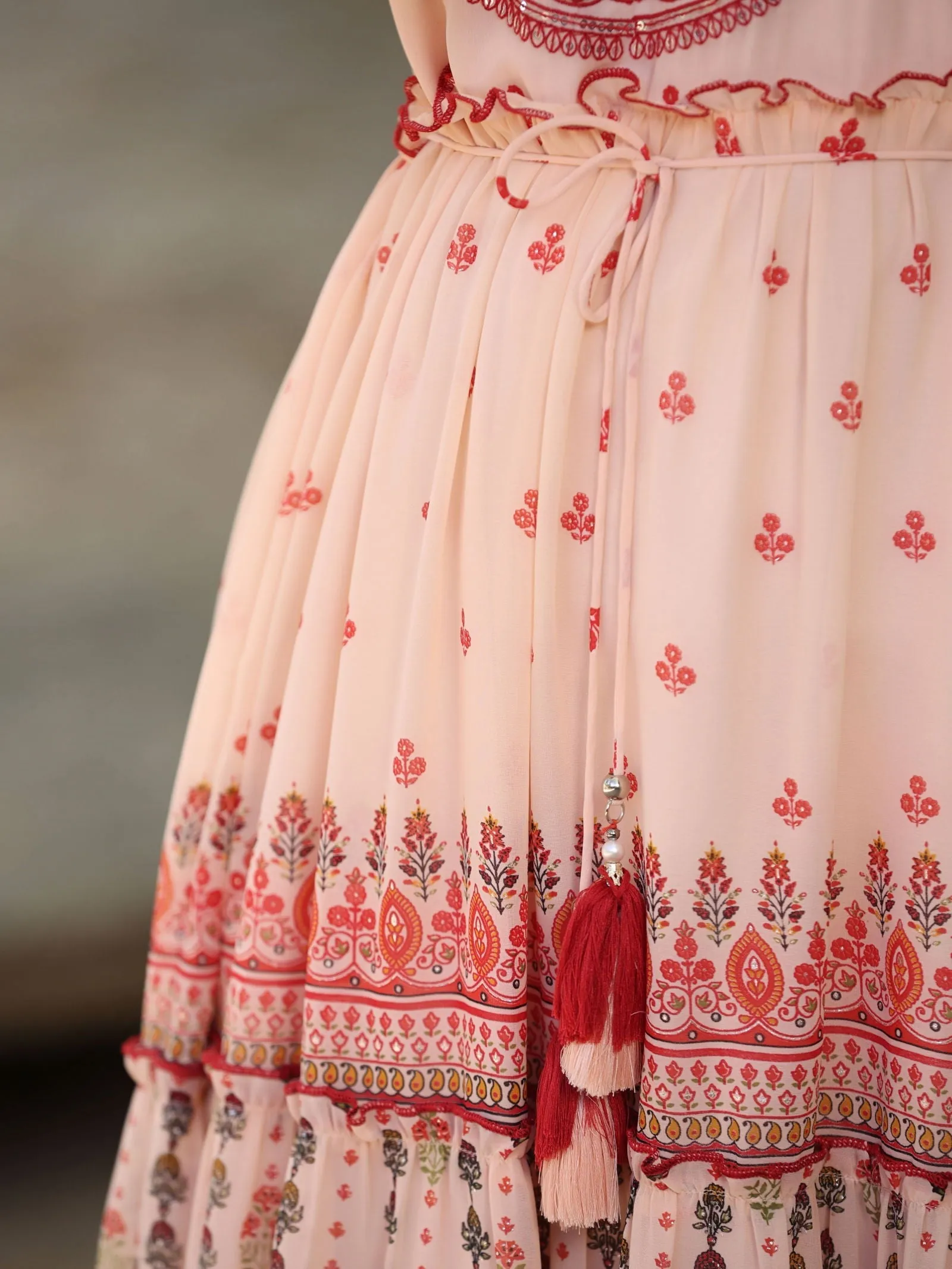Jashvi  Peach Ethnic Motif Printed Georgette Tiered Maxi Dress With Thread Embroidery