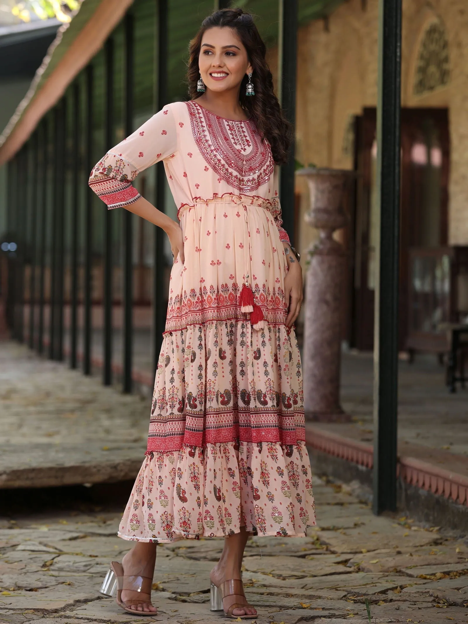 Jashvi  Peach Ethnic Motif Printed Georgette Tiered Maxi Dress With Thread Embroidery
