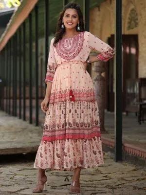 Jashvi  Peach Ethnic Motif Printed Georgette Tiered Maxi Dress With Thread Embroidery