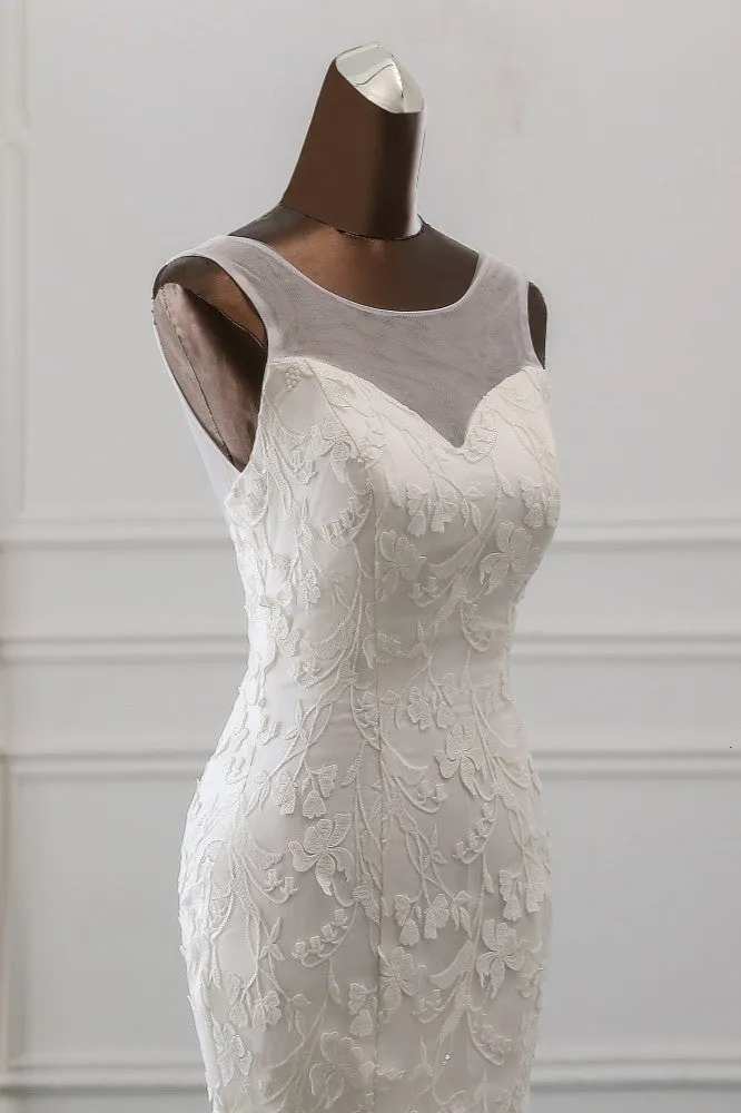 Jewel Neck Backless Long Mermaid Wedding Dress with Tulle Lace