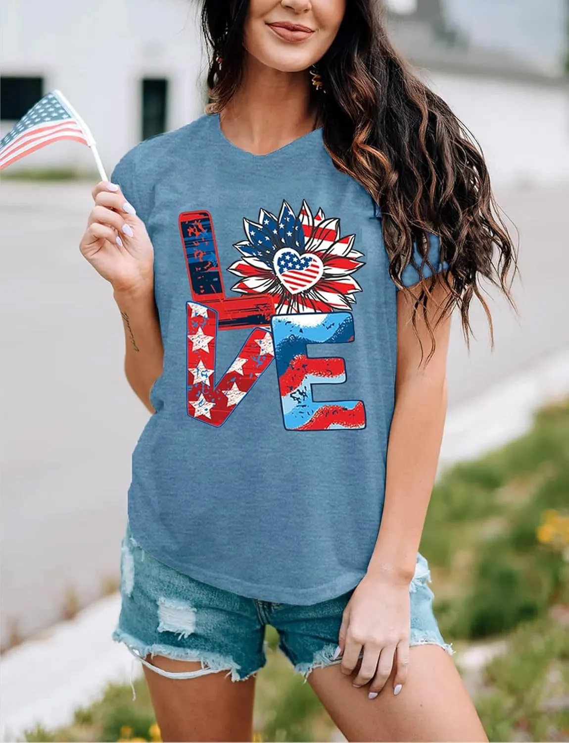 Jorlyen Women 4th of July Patriotic Shirt American Flag Independence Day Tee Summer Sunflower Shirt