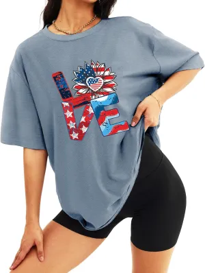 Jorlyen Women 4th of July Patriotic Shirt American Flag Independence Day Tee Summer Sunflower Shirt