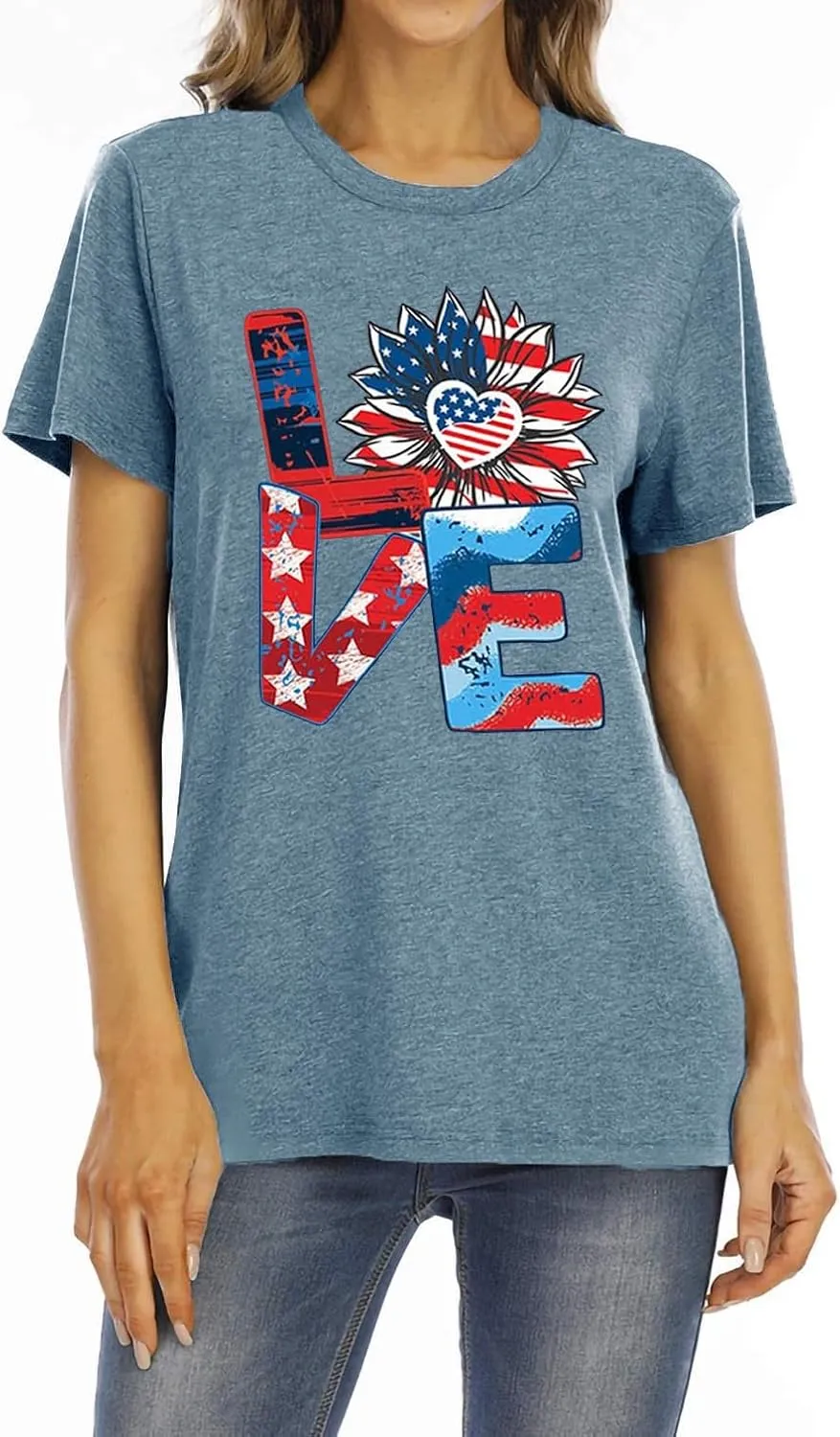 Jorlyen Women 4th of July Patriotic Shirt American Flag Independence Day Tee Summer Sunflower Shirt
