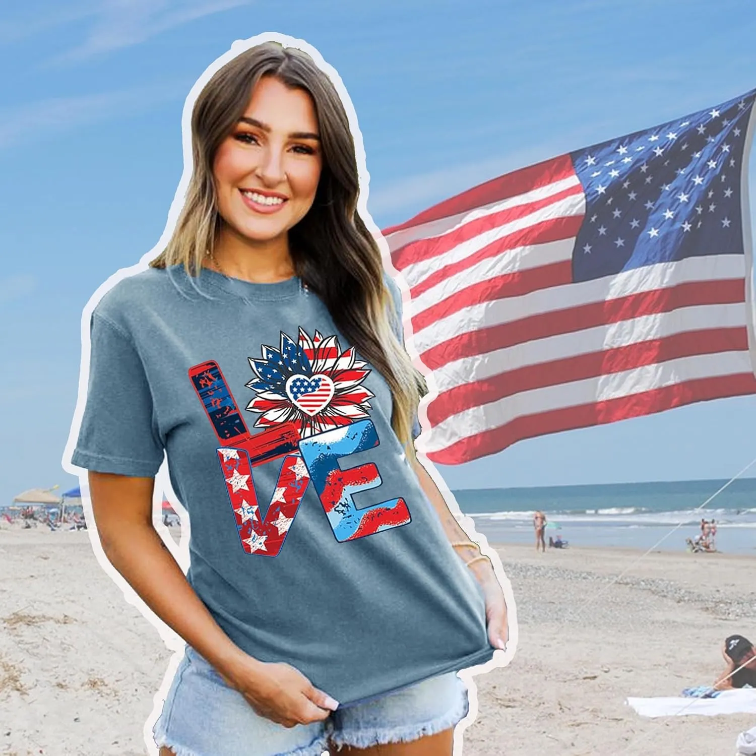 Jorlyen Women 4th of July Patriotic Shirt American Flag Independence Day Tee Summer Sunflower Shirt