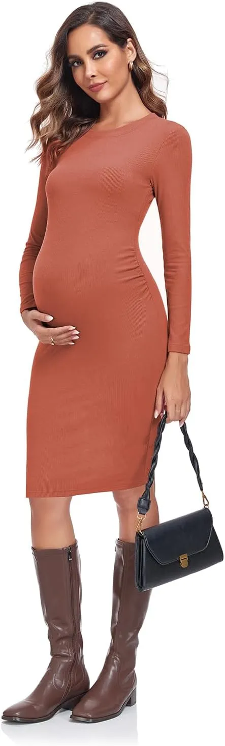 Liu & Qu Maternity Dress Rib Knit Long Sleeve & Side Ruched Maternity Bodycon Dresses Fall Pregnancy Clothes