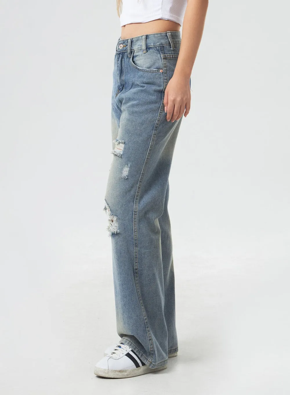 Low Rise Ripped Wide Jeans CA303