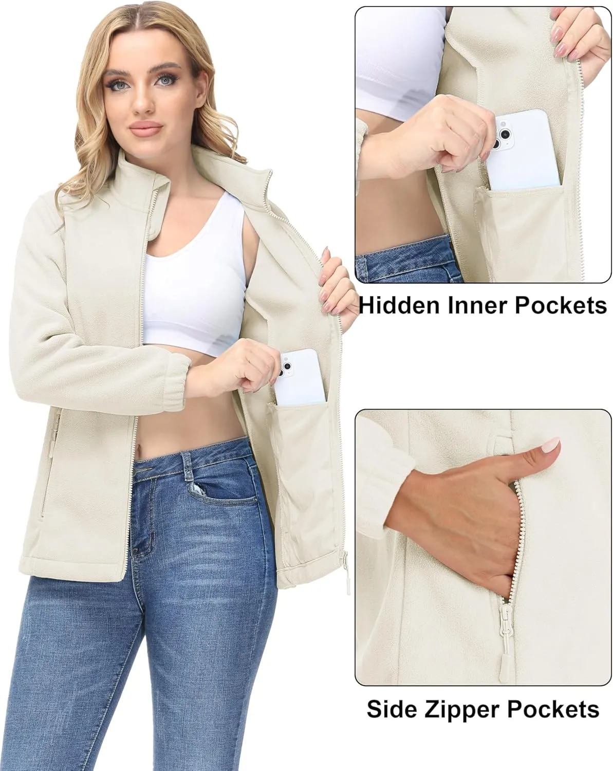 MAGCOMSEN Women's Fleece Jacket Zip Up Coat Lightweight Soft Warm Long Sleeve Jackets with Pockets for Winter