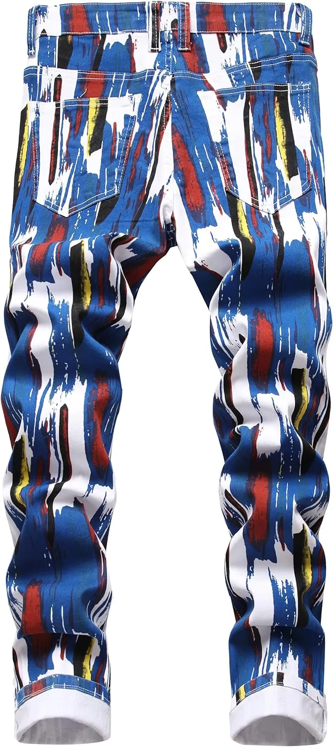 Men's Skinny Stretch Jeans Fashion Printed Slim Fit Jeans Comfort Flex Waist Casual Pants