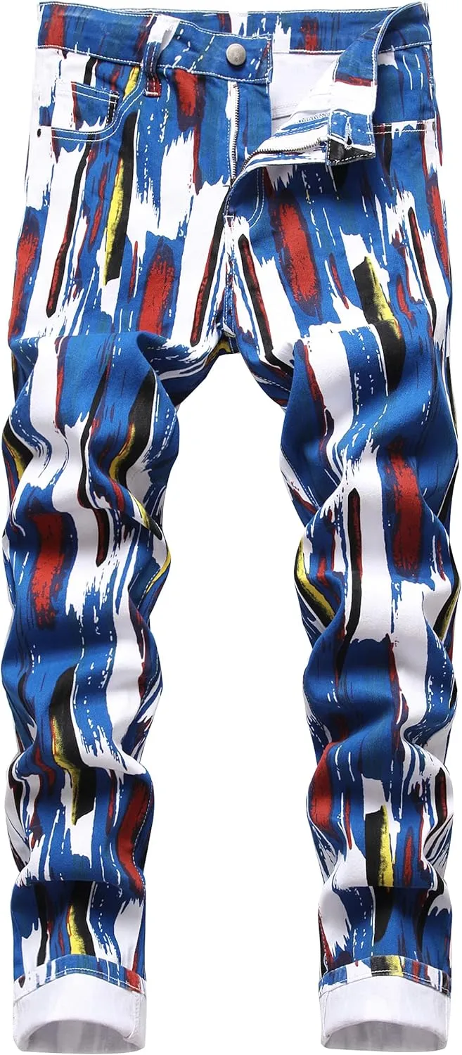 Men's Skinny Stretch Jeans Fashion Printed Slim Fit Jeans Comfort Flex Waist Casual Pants