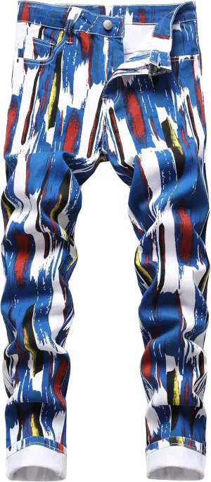 Men's Skinny Stretch Jeans Fashion Printed Slim Fit Jeans Comfort Flex Waist Casual Pants