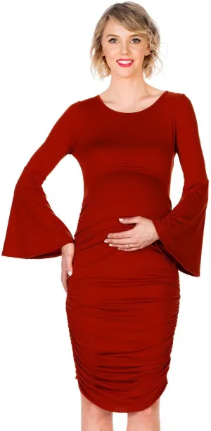 My Bump Women's Maternity Dress - Printed Fitted Stretch Bell Sleeve W/Ruched