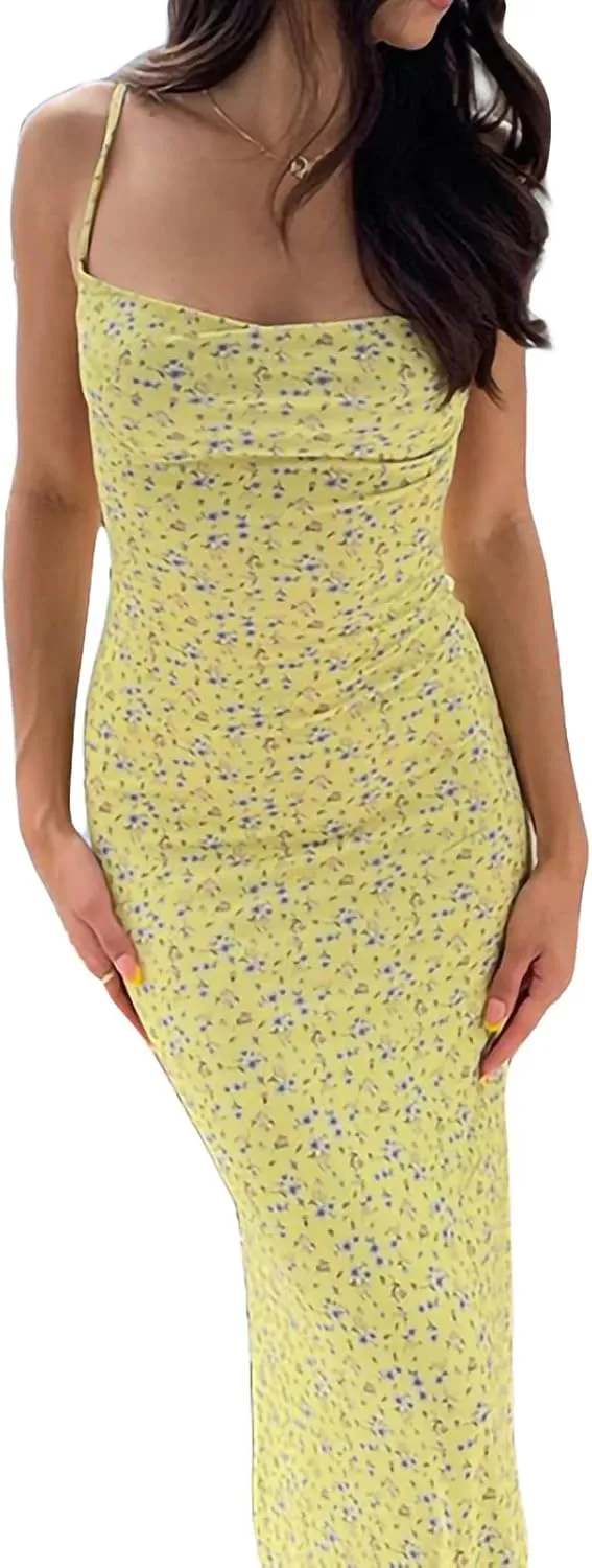 NUFIWI Women Floral Printed Spaghetti Strap Maxi Dress Y2K Low Cut Backless Long Dress Summer Streetwear Party Club