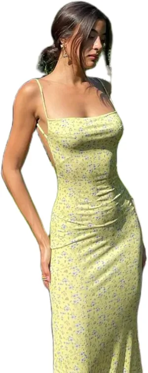 NUFIWI Women Floral Printed Spaghetti Strap Maxi Dress Y2K Low Cut Backless Long Dress Summer Streetwear Party Club