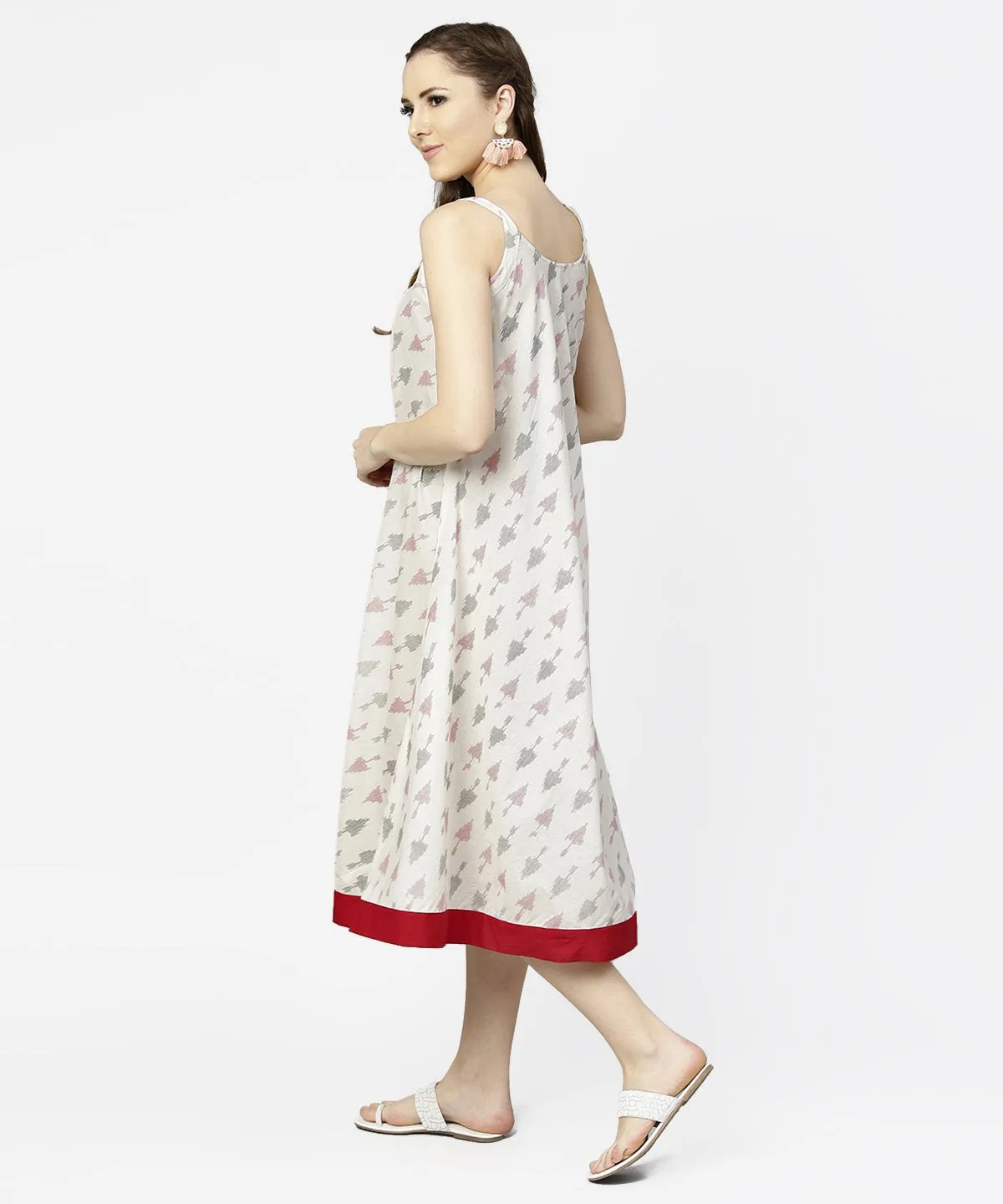 Off White Printed Sleeveless Cotton A-Line Dress