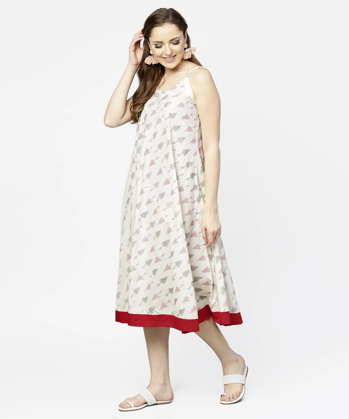 Off White Printed Sleeveless Cotton A-Line Dress