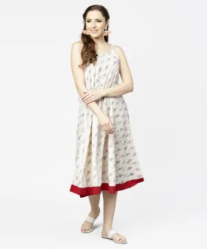 Off White Printed Sleeveless Cotton A-Line Dress