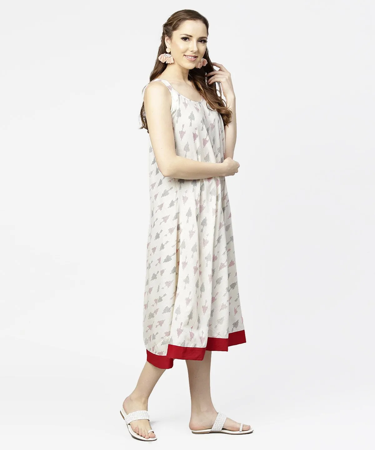 Off White Printed Sleeveless Cotton A-Line Dress