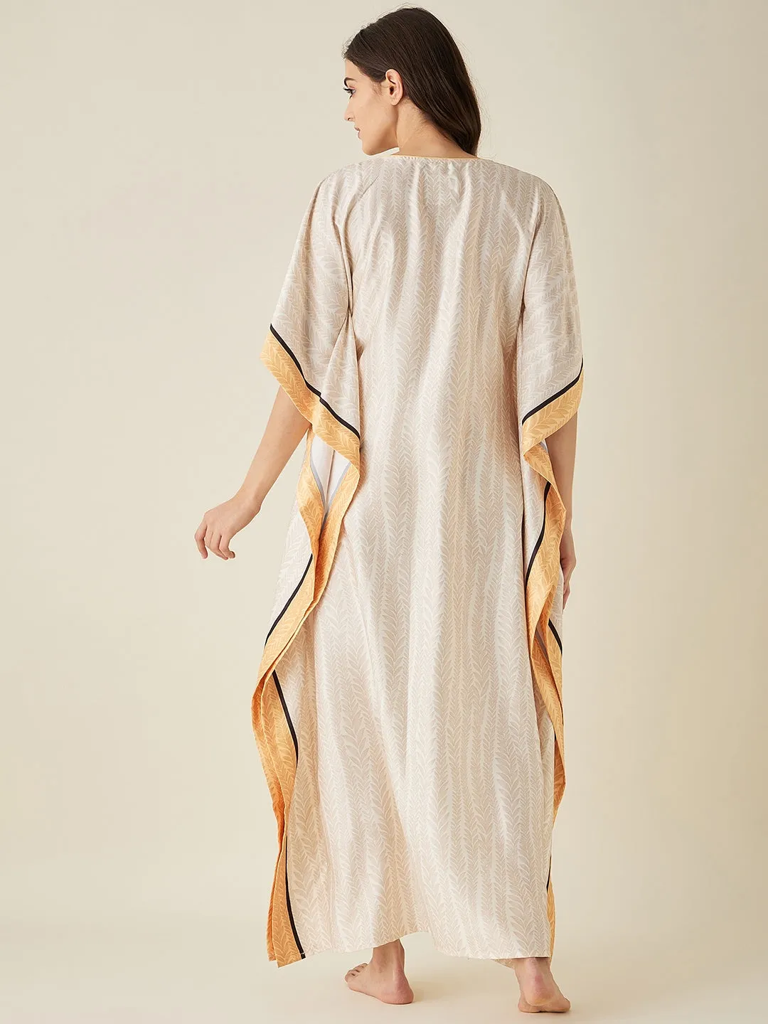Offwhite Abstract Floral Printed Satin Kaftan - The Kaftan Company