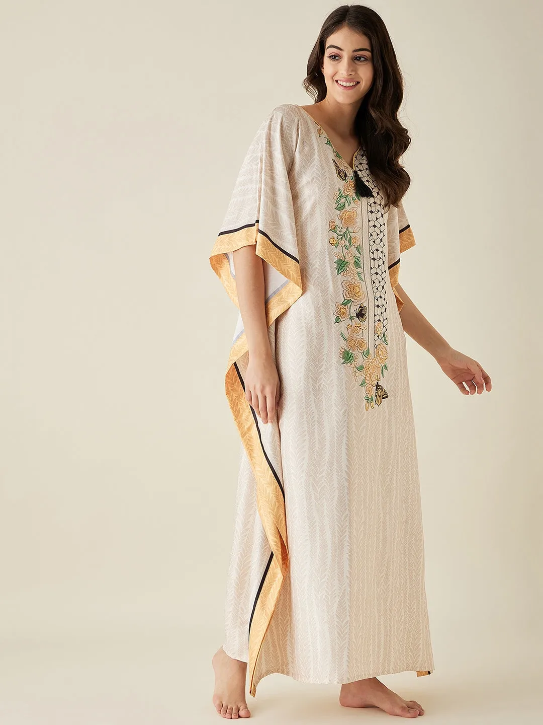 Offwhite Abstract Floral Printed Satin Kaftan - The Kaftan Company