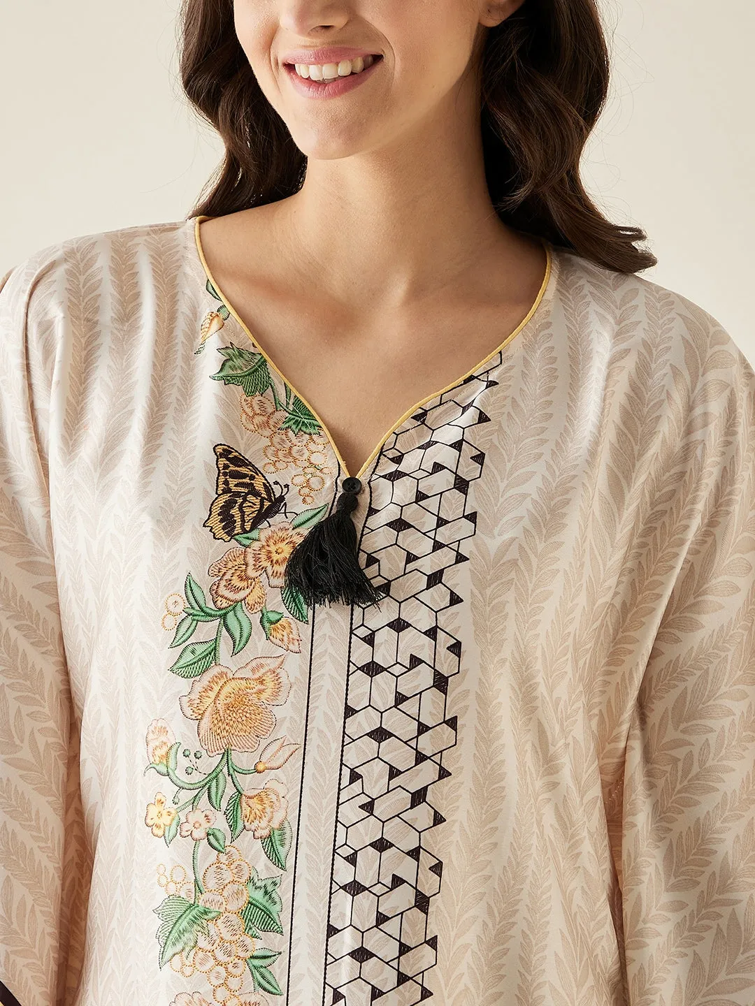 Offwhite Abstract Floral Printed Satin Kaftan - The Kaftan Company
