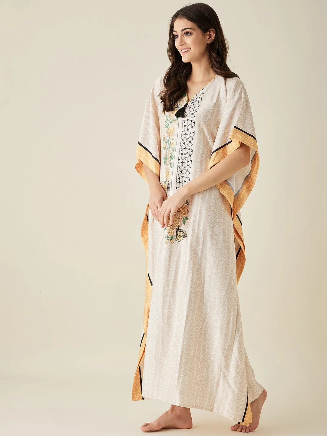 Offwhite Abstract Floral Printed Satin Kaftan - The Kaftan Company