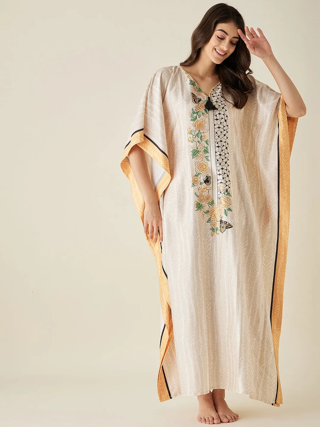 Offwhite Abstract Floral Printed Satin Kaftan - The Kaftan Company