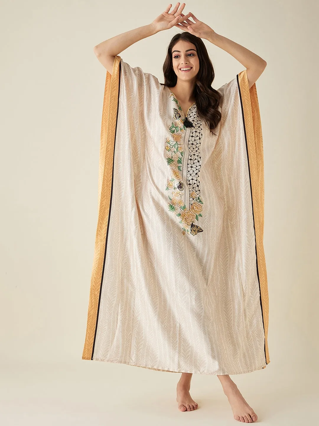 Offwhite Abstract Floral Printed Satin Kaftan - The Kaftan Company