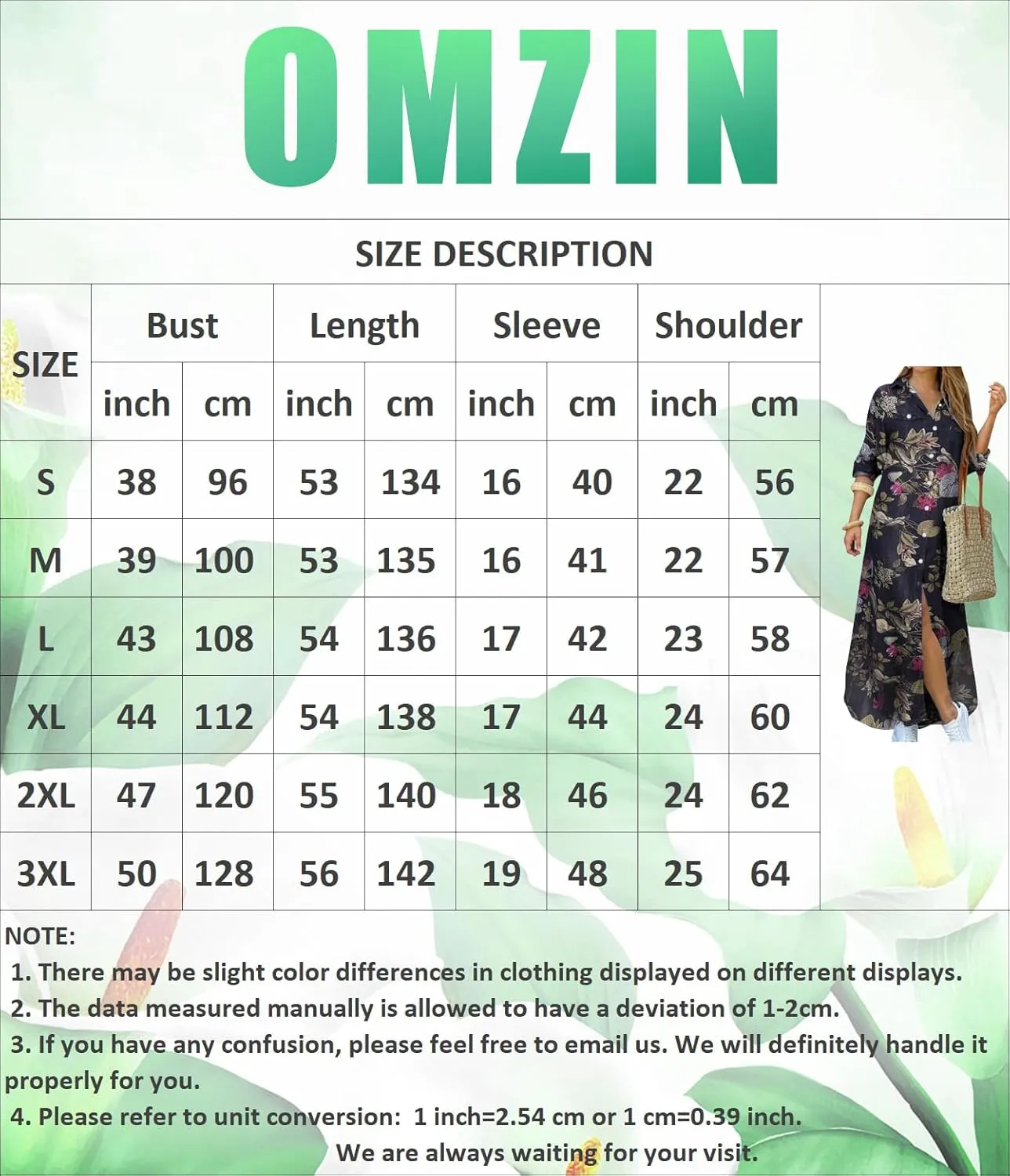 OMZIN Women's Shirts Long Dresses Button Down Vintage Printed Lapel Dress Roll up Long Sleeve Dress