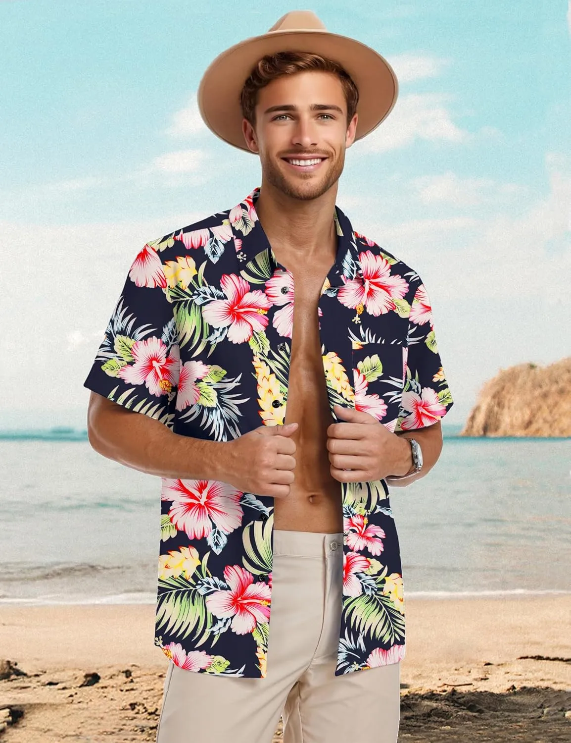 PEGENO Men's Flower Casual Button Down Short Sleeve Hawaiian Shirt