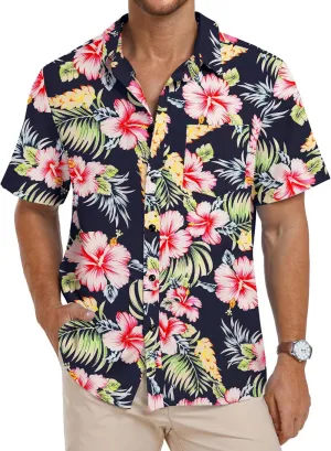 PEGENO Men's Flower Casual Button Down Short Sleeve Hawaiian Shirt