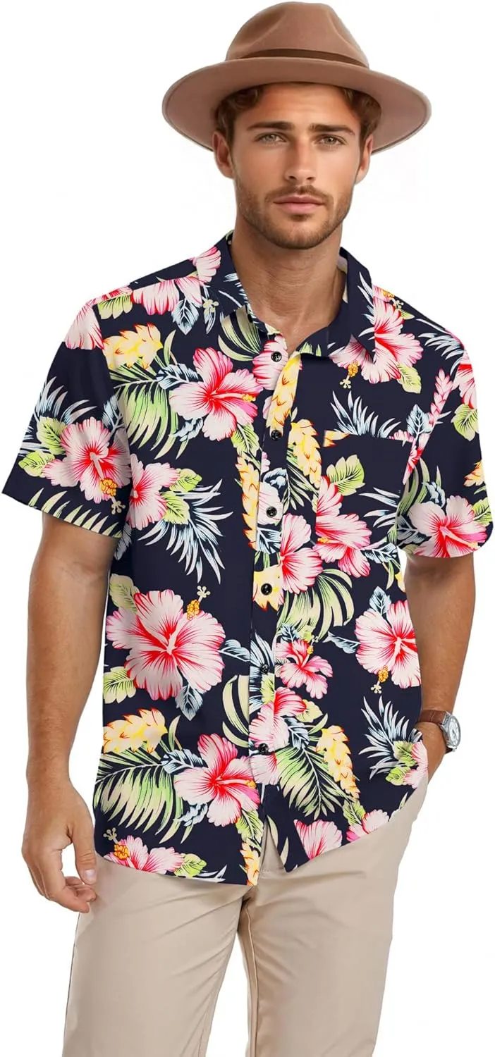 PEGENO Men's Flower Casual Button Down Short Sleeve Hawaiian Shirt