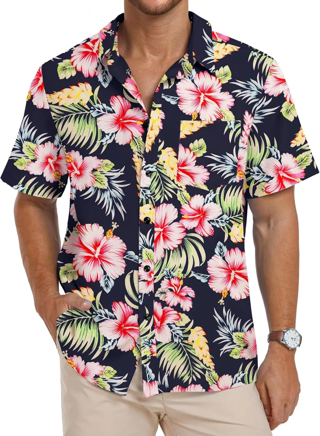 PEGENO Men's Flower Casual Button Down Short Sleeve Hawaiian Shirt