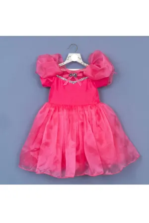 Pink Sequins Embroidered Puff Sleeves Organza Dress