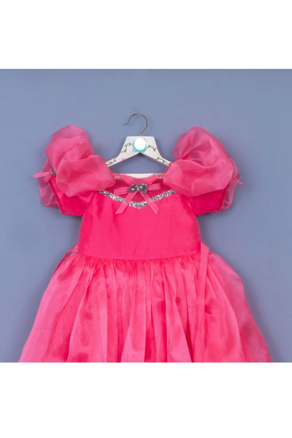 Pink Sequins Embroidered Puff Sleeves Organza Dress
