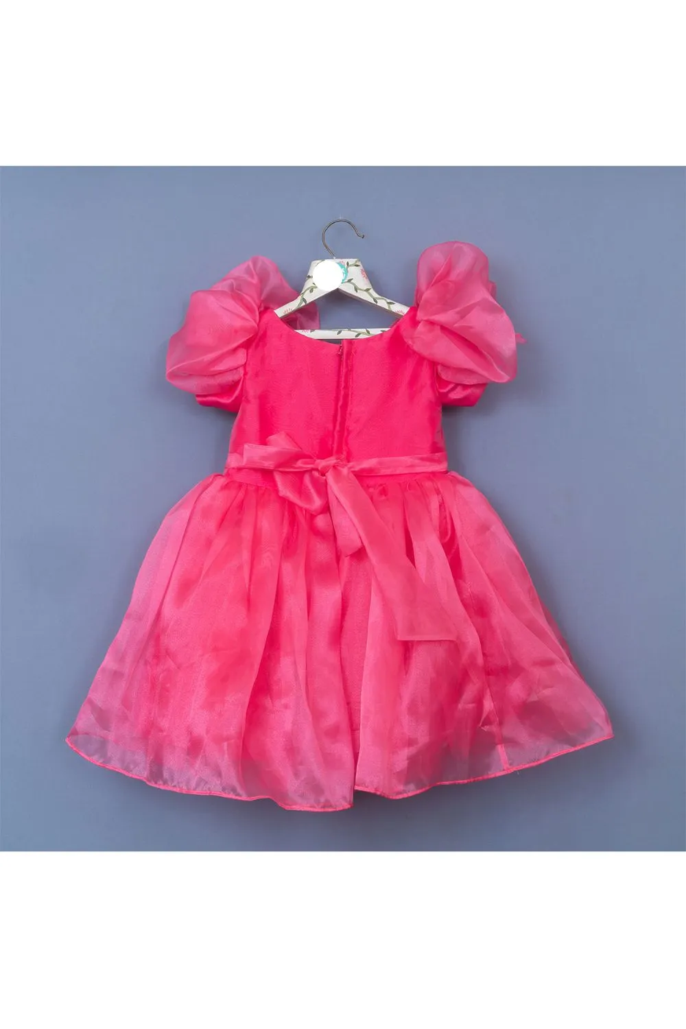 Pink Sequins Embroidered Puff Sleeves Organza Dress