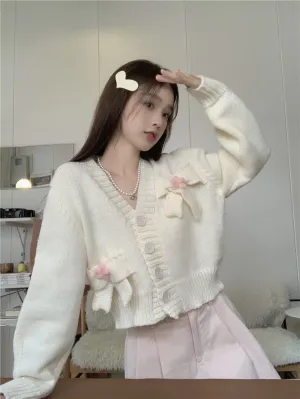 Pink White Bow Knit Embroidery Cardigan