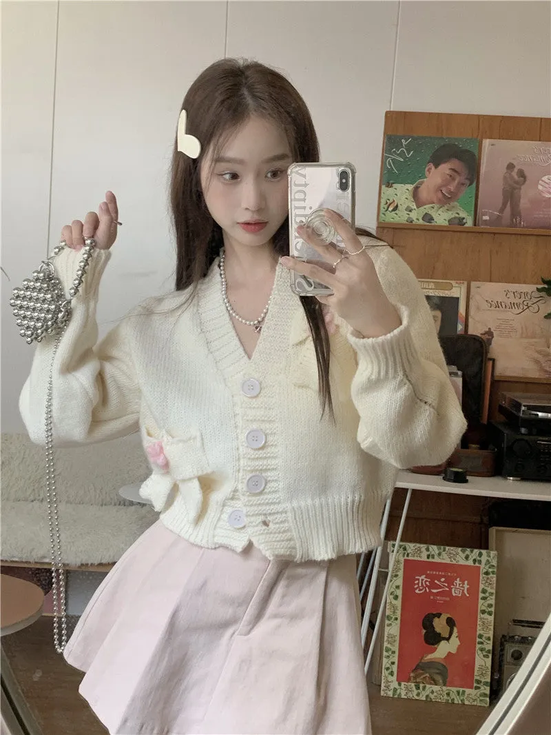 Pink White Bow Knit Embroidery Cardigan
